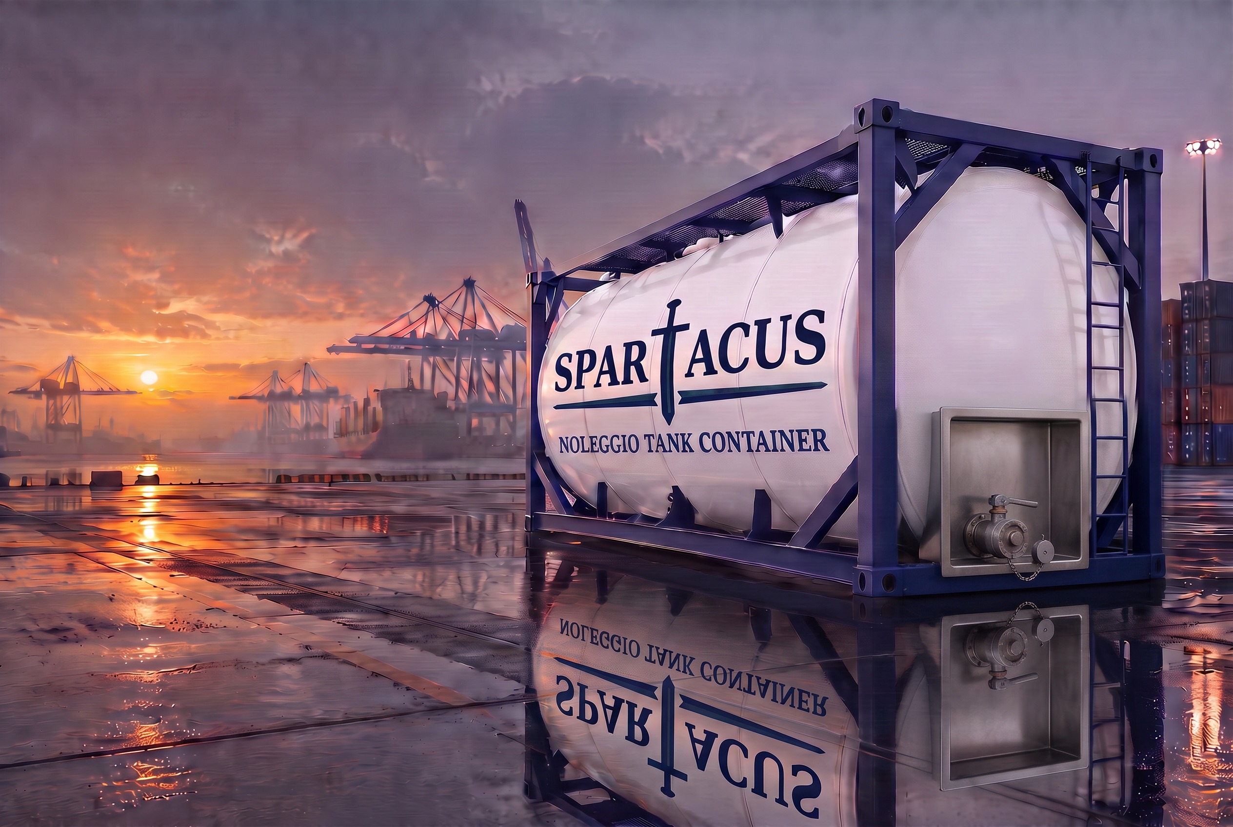 Tank container at an international port at sunrise